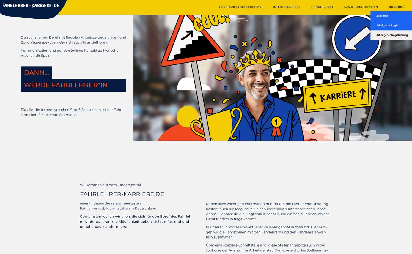 Homepage mit Jobbörse-Menü